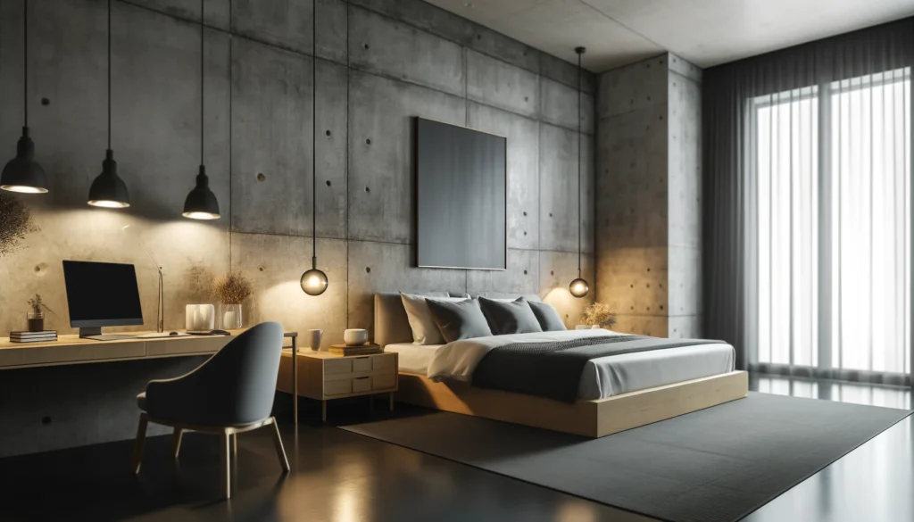 DALL·E 2024-06-11 23.48.13 - A stylish bedroom with Beton Ciré walls. The walls have a smooth, polished concrete finish, giving the space an industrial and modern look. The bedroo