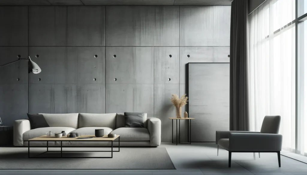 DALL·E 2024-06-11 23.48.17 - A contemporary living room with Beton Ciré walls. The walls have a smooth, polished concrete finish, giving the space an industrial and modern look. T